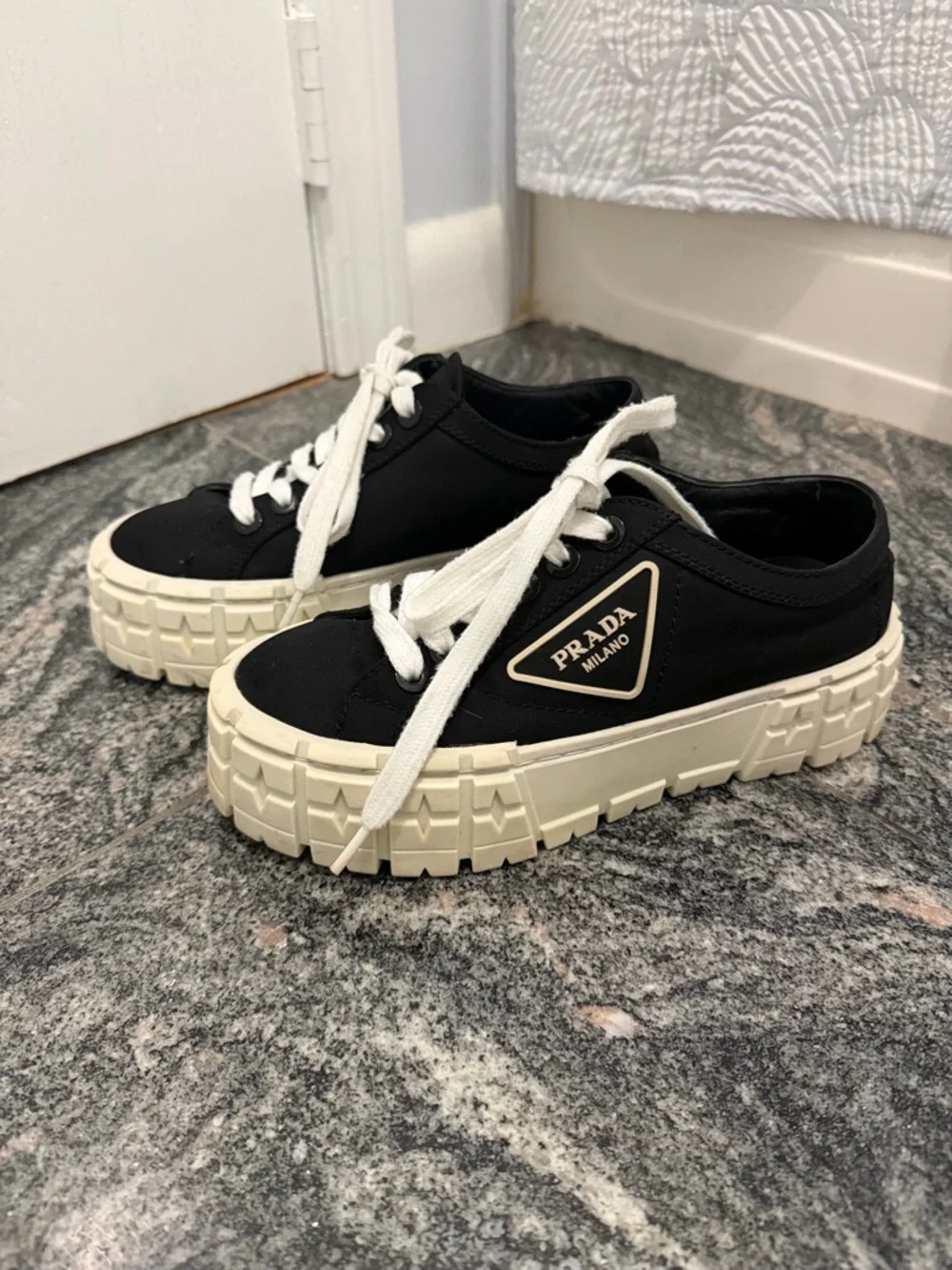 Prada Black Canvas Low-Top Sneakers with Cream Lug Sole - Picture 3 of 5